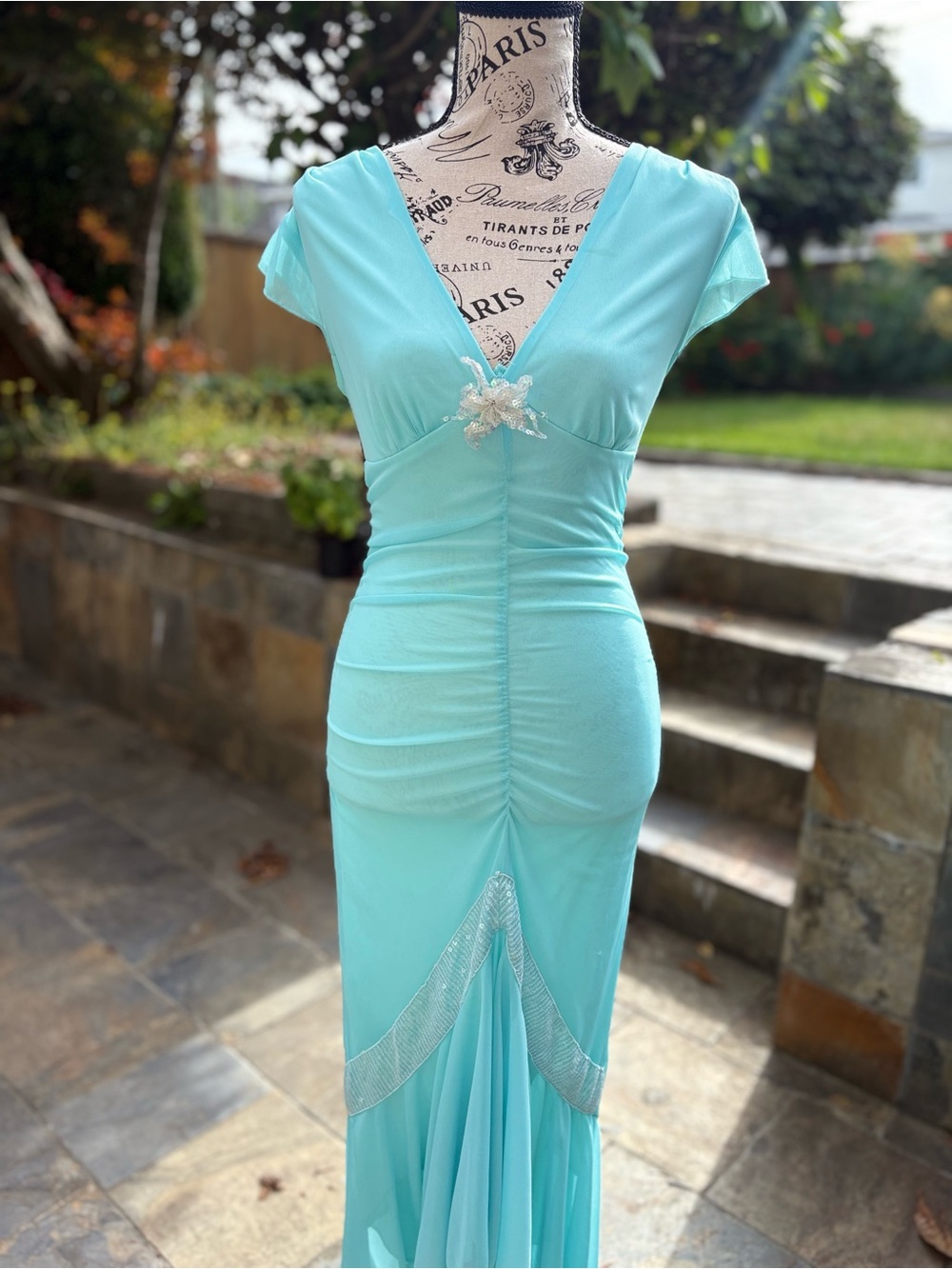 Vintage Ruby Rox Aqua V-Neck Mermaid Maxi Prom Dress